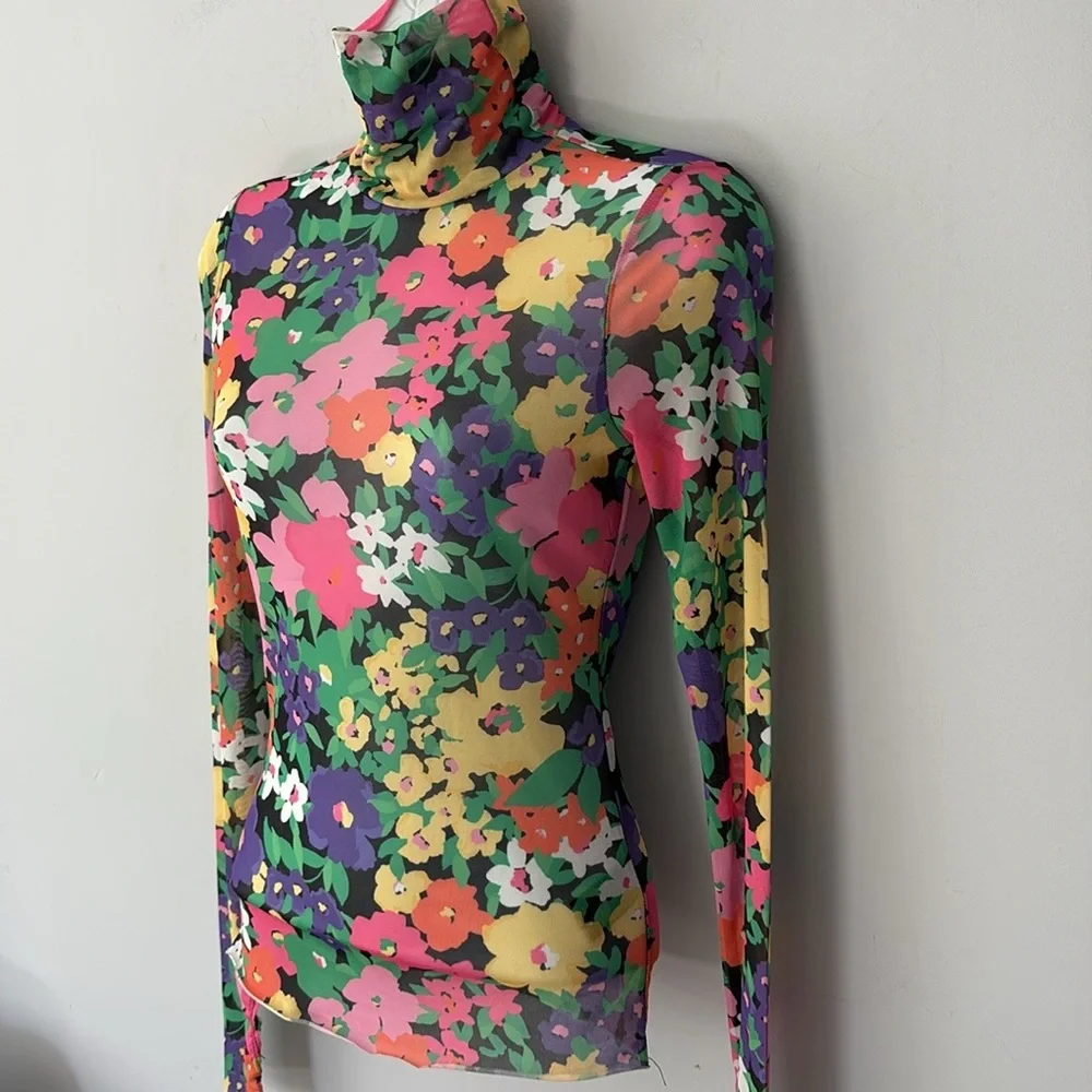 AFRM Floral Neon Garden Mesh Zadie Turtleneck Top - Picture 3 of 7